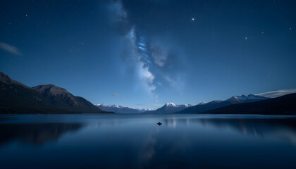  Starry sky over Baikal: Night landscape with reflection of the starry sky in the calm water of the lake, creating an atmosphere of stillness and beauty.