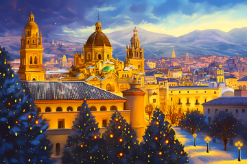 Obraz premium Artwork of landmark of Cordoba , city of Spain at christmas winter. Poster illustration of snowy travel print canvas retro art. AI