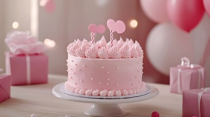 Beautifully arranged birthday cake with gifts on a bright table filled with decorations Birthday pictures without letters