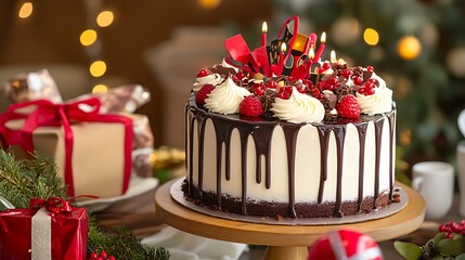 Beautifully arranged birthday cake with gifts on a bright table filled with decorations Birthday pictures without letters