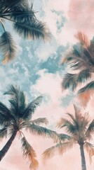 Fototapeta na wymiar A beautiful painting of palm trees with a blue sky in the background. The painting captures the essence of a tropical paradise with its vibrant colors and serene atmosphere