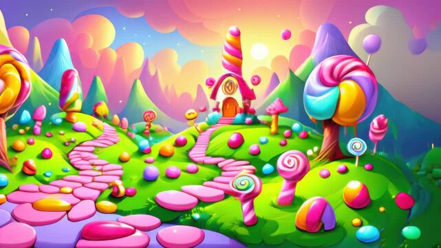 Cartoon illustration of a fantasy candy land with a pathway leading to a candy house