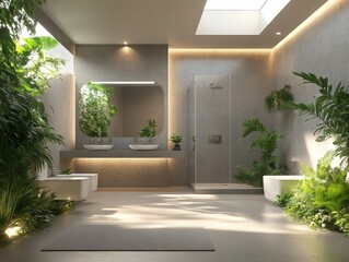 Fototapeta premium Captivating Bathroom Photography Modern Home Interior Design Lush Environment Wide Angle Serenity and Style