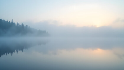 Fototapeta premium Fog over Baikal: Morning fog enveloping the surface of the lake, creating a mysterious atmosphere and soft shades. 