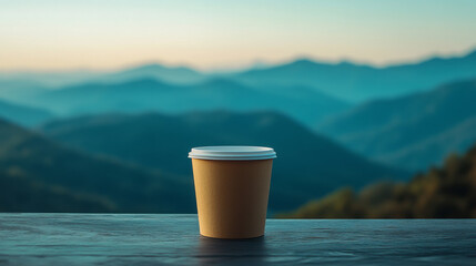 A paper coffee cup sits on a wooden surface overlooking a stunning mountain range at sunrise.  The serene scene is bathed in soft, teal and blue hues.