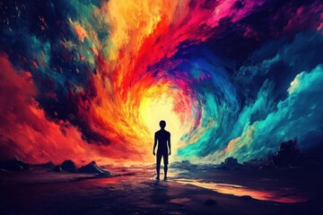 Fototapeta premium The striking contrast of a figure and a colorful vortex.