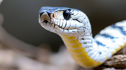 Obraz premium Close-up of a snake's head and neck, showcasing intricate scales and vibrant colors.