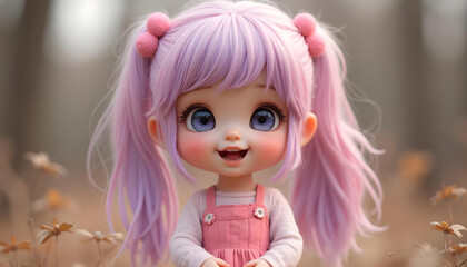 Fototapeta premium linda niña chibi feliz con el pelo rosa, dos coletas largas y reflejos lila. vestido rosa. kawaii
