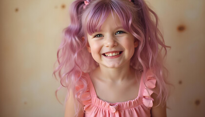 Fototapeta premium linda niña chibi feliz con el pelo rosa con reflejos lila y vestido rosa