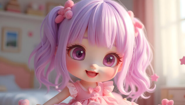 linda ni&ntilde;a chibi feliz con el pelo rosa con reflejos lila y vestido rosa. kawaii
