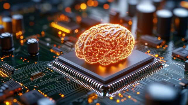 The intricate network of interconnected circuits and nodes in this stock illustration image visually represents the complex and intelligent processing capabilities of the human brain
