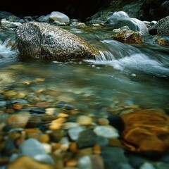 Fototapeta premium Water flows over rocks in Denny Creek.