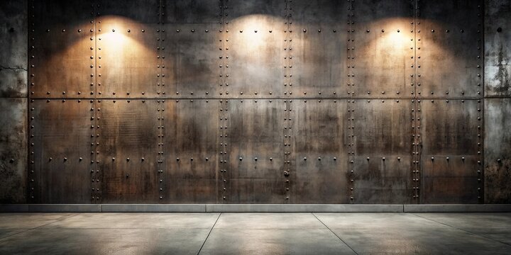 Rustic Metal Wall with Spotlights and Concrete Floor A Dramatic Industrial Background