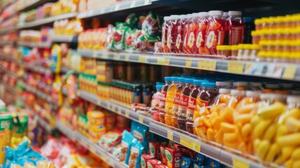 Colorful supermarket aisle filled with beverage bottles
