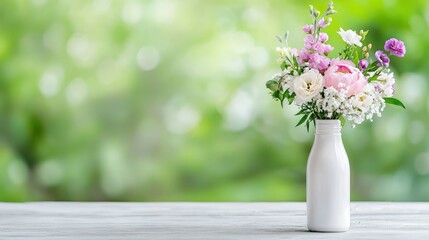 Spring flowers in a white vase on a wooden surface with a blurred green background.