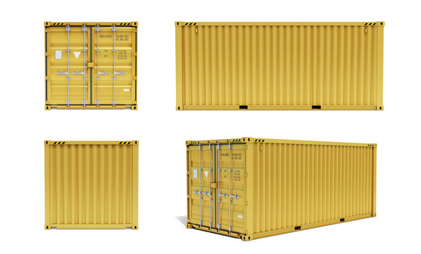 Set of views of a yellow shipping container. A realistic 20 ft cargo container with a shadow and closed doors. Isolated. Transparent background. PNG. 3D illustration