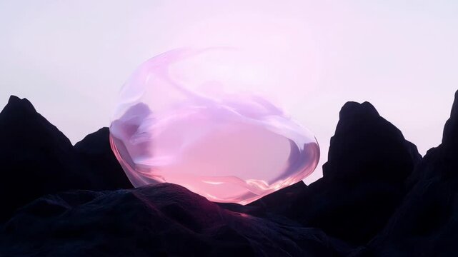 An abstract object hovering over black rocks. Generative AI