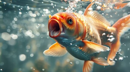 Goldfish swimming underwater with bubbles