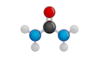 Molecule of Urea (Carbamide). Molecular formula: CH4N2O. Chemical model: Ball and Stick. Isolated. Transparent background. PNG transparent. 3D illustration.