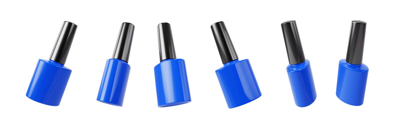 Obraz premium Set of views of a blue bottle for nail laquer or gel isolated on transparent background. Cosmetic blue bottle. Mock up for ads. PNG. 3d illustration