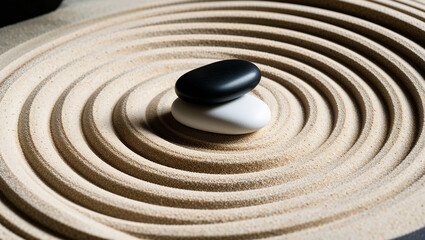 Black and white stones resting on a serene zen garden representing balance and harmony