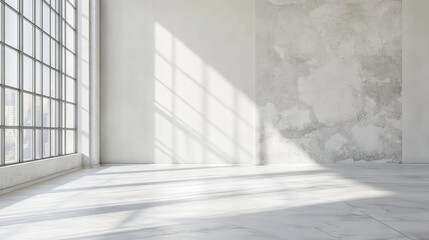 Obraz premium Bright minimalist interior featuring large windows, textured walls, and natural light creating a serene atmosphere.