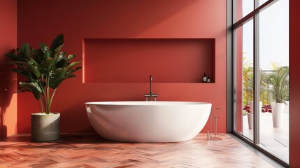 Modern bathroom with a freestanding bathtub and red accents