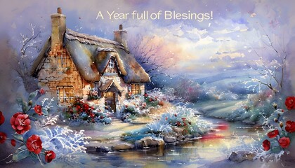 A serene New Year greeting card featuring a cozy stone cottage with a thatched roof, surrounded by winter blooms like red camellias and frosty ferns. A nearby creek reflects the twilight sky.