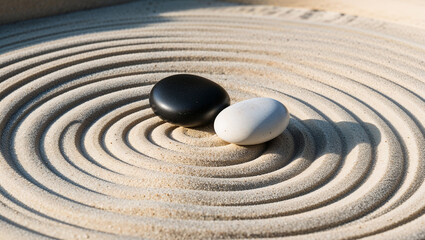 Black and white stones resting on concentric circles of sand in zen garden