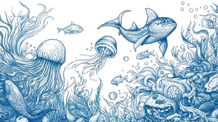 Fototapeta premium Underwater Ocean Life Ink Drawing: Jellyfish, Fish, and Coral Reef Illustration