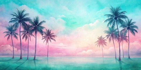 Obraz premium Serene Tropical Seascape Pastel Sunset with Silhouetted Palm Trees on a Calm Ocean