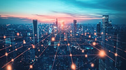 Fototapeta premium Urban Skyline Representation of Modern Infrastructure Development with Network Connections at Sunset