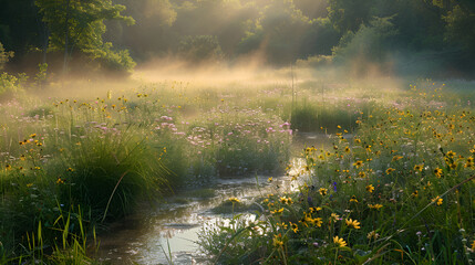 Mgliście oświetlona łąka wczesnym rankiem z delikatnymi promieniami słońca przenikającymi przez drzewa.
