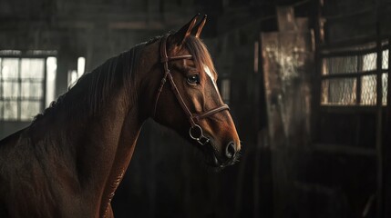 Fototapeta premium Beautiful Brown Horse Standing in a Rustic Stable Interior on a Sunny Day