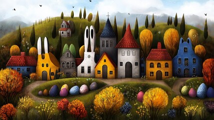 Whimsical Easter village nestled on a hillside, vibrant colors & bunny-shaped houses.