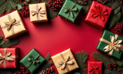 Colorful Christmas gifts on red background