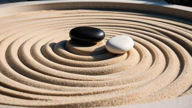 Black and white stones resting on concentric circles in sand garden representing harmony and balance