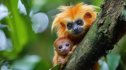 Obraz premium Golden lion tamarin and baby clinging to tree branch in lush forest