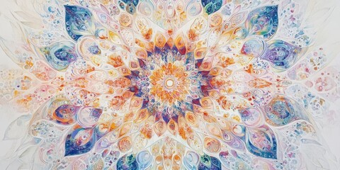 A colorful flower with a blue center. The flower is surrounded by a white background. The flower is very large and has many petals