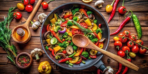 Healthy Homemade Dinner: Drone View of Stir-Fried Vegetables & Mushrooms, Diet-Friendly Recipe