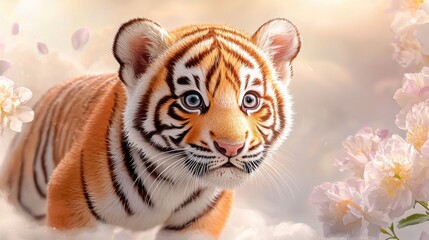 Obraz premium A cute tiger baby with vibrant orange fur, white stripes, big round eyes, and a playful expression, standing on a light pastel background, surrounded by soft, fluffy clouds and delicate flowers