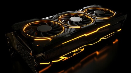 Graphics card with a triple-fan design, illuminated with customizable RGB lighting, tech and entertainment concepts, dark background, close-up