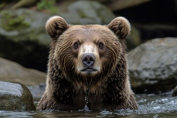 Obraz premium Brown bear relaxing in river, looking at camera
