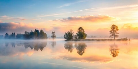 Fototapeta premium Serene Dawn Misty Lake Reflecting Golden Sunrise on Trees and Peaceful Waters