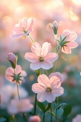 Fototapeta premium Delicate pink flowers blooming in soft sunlight