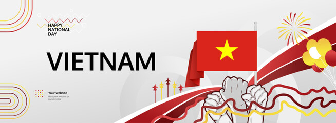 Vietnam National Day greeting banner. September 2nd is celebrated as Vietnam Independence Day. Abstract template with flag and raised fist. National holiday illustration concept.