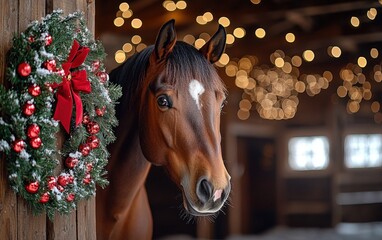 A chestnut horse with a star stands in a stable next to a festive Christmas wreath. Warm lighting and bokeh create a cozy holiday atmosphere.