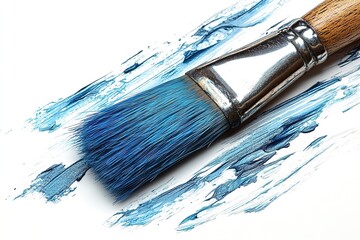 Fototapeta premium Close-up of a blue paintbrush stroke on white paper