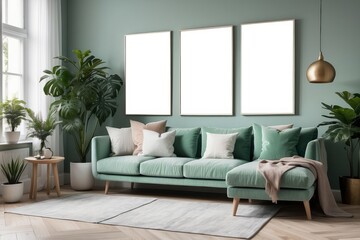 Stylish scandinavian living room interior with design mint green sofa, furnitures, mock up poster, plants, and elegant personal accessories