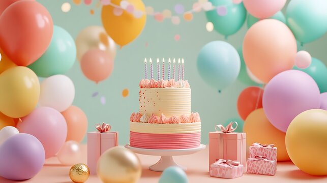 Birthday scene with colorful balloons cake and gifts creating a festive environment Birthday pictures without letters